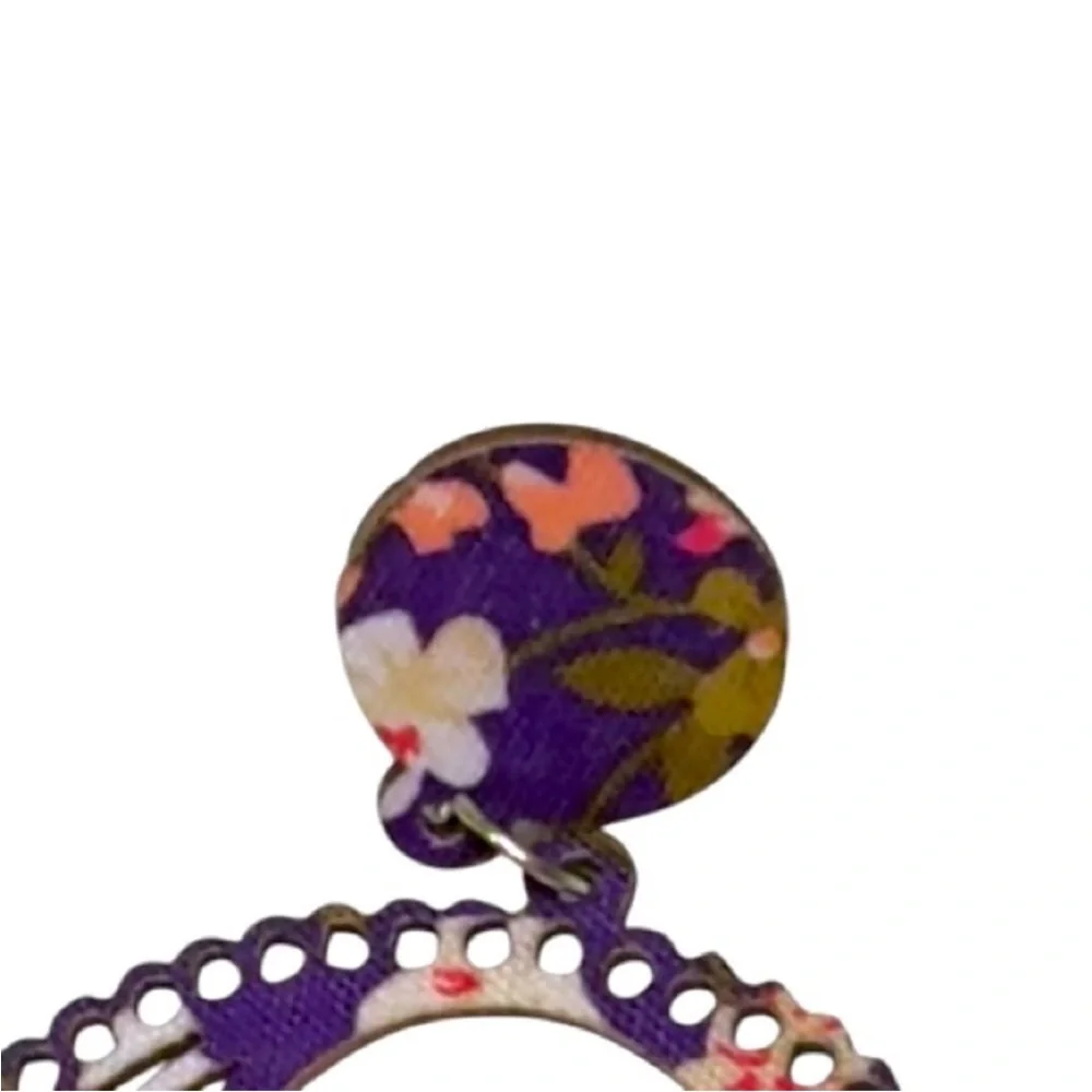 UNBRANDED Bohemian RETRO Purple Floral Print WOODEN Stud Drop Dangle EARRINGS